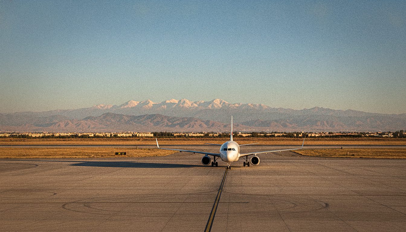 Avion sur le tarmac de l'Aéroport de Marrakech avec l'Atlas en fond